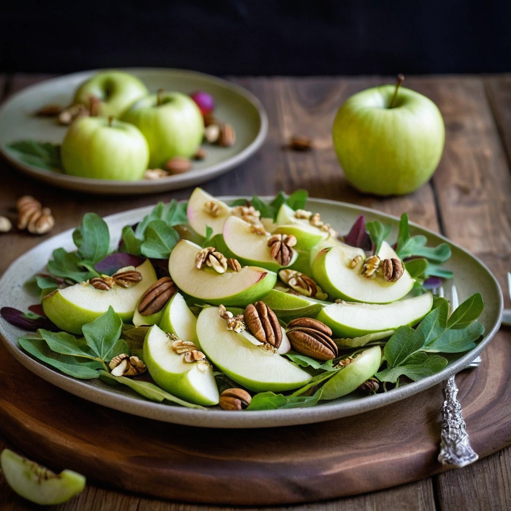 A vibrant salad with roasted golden fennel halves, sliced green apples, and toasted walnuts arranged on a rustic wooden platter.