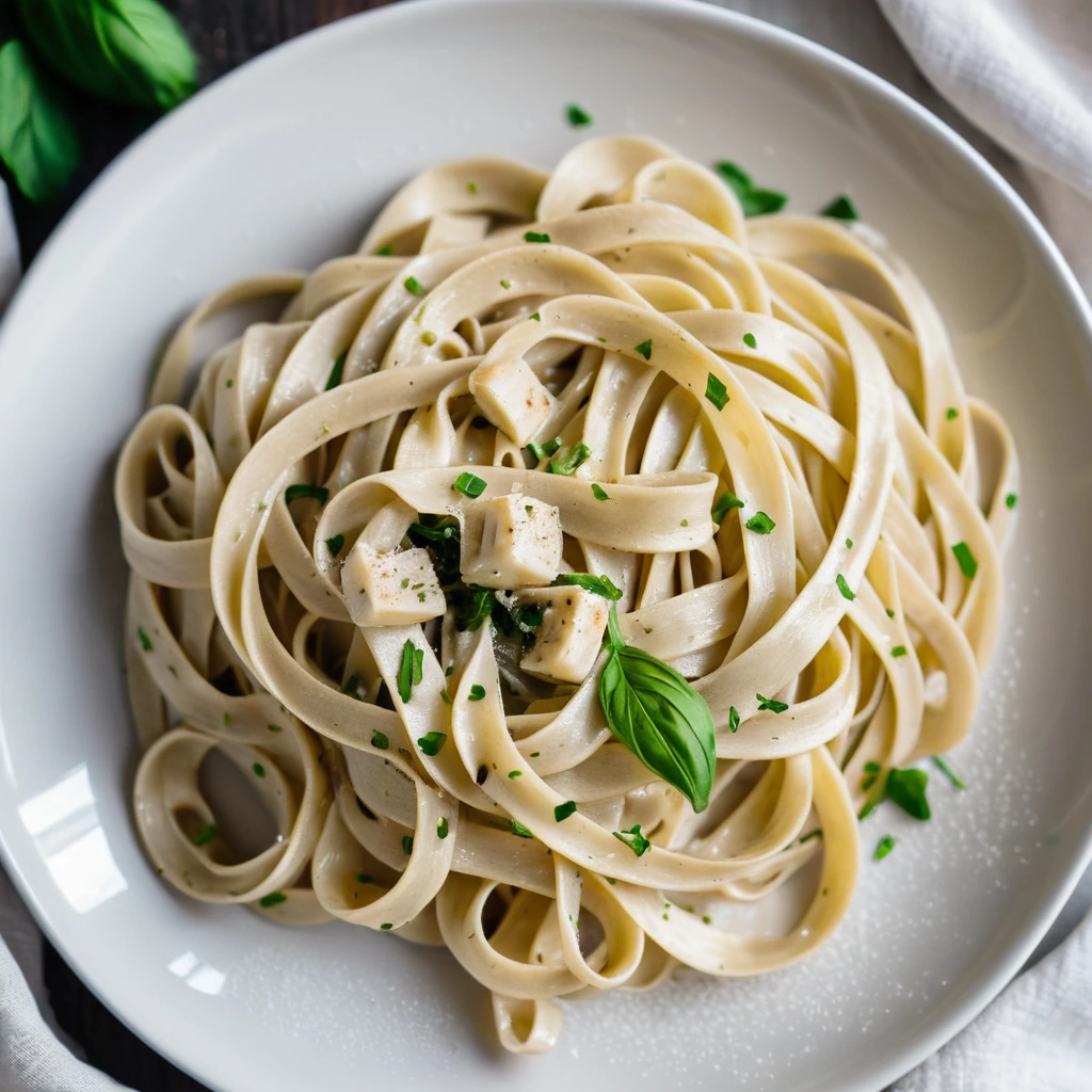 Golden fettuccine in creamy white sauce with caramelized garlic cloves scattered on top, served on a white plate.