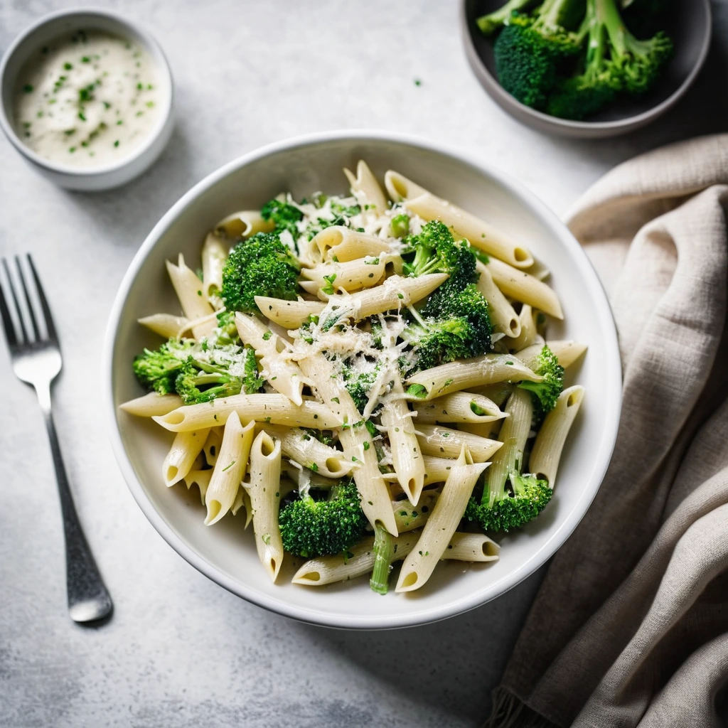 Penne pasta in a creamy white sauce with roasted garlic cloves and steamed broccoli florets served in a shallow bowl.