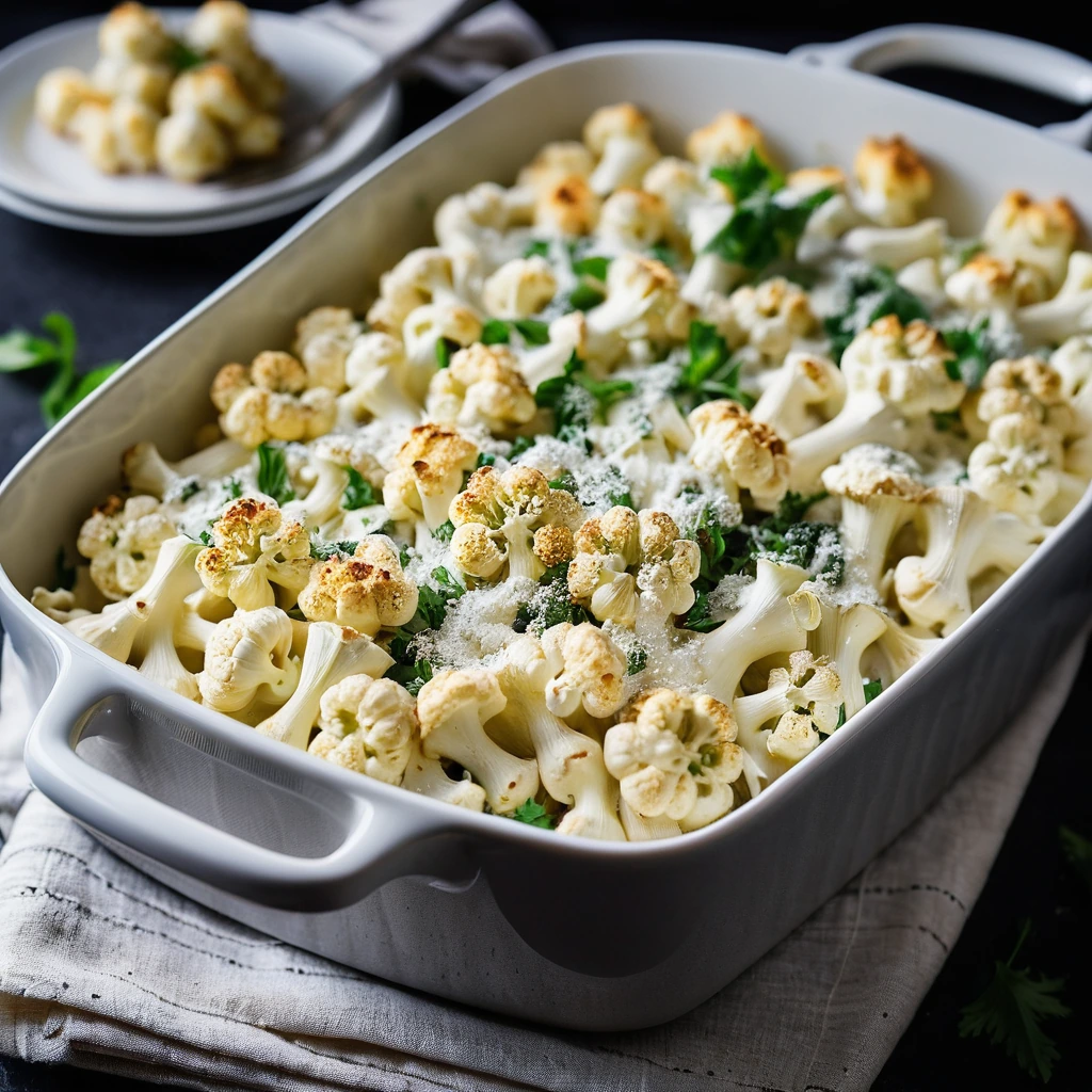 Golden roasted cauliflower and garlic nestled in a creamy Alfredo sauce, bubbly and topped with melted cheese in a baking dish.