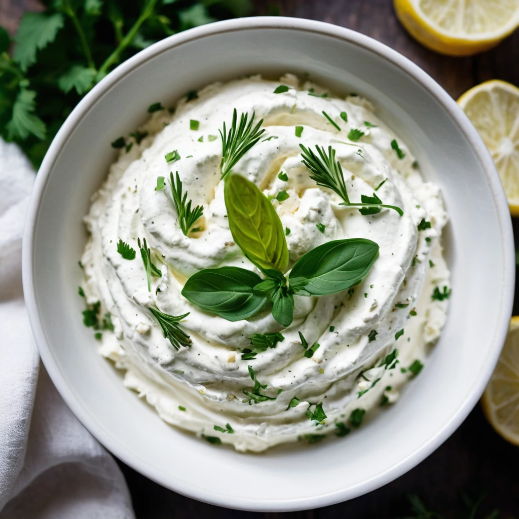 Golden whipped feta dip in a white bowl, sprinkled with fresh herbs and roasted garlic cloves.