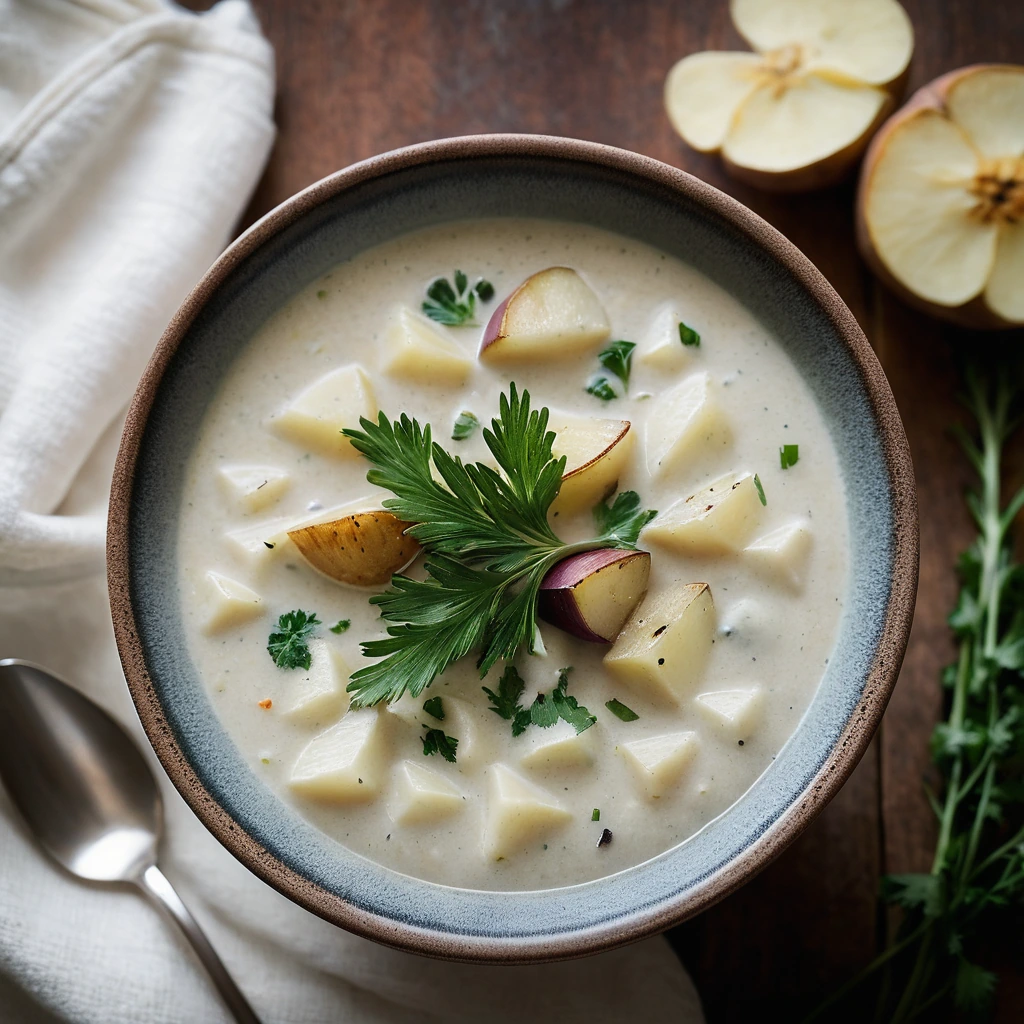 Steamy white chowder in a rustic bowl, garnished with fresh parsley.