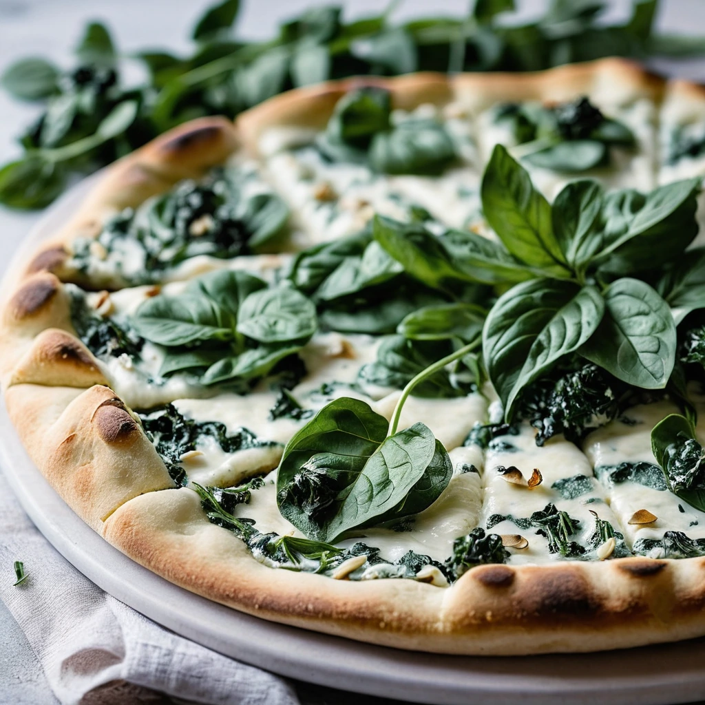 Golden pizza with creamy white sauce, roasted garlic cloves, and wilted spinach on top, garnished with fresh herbs.