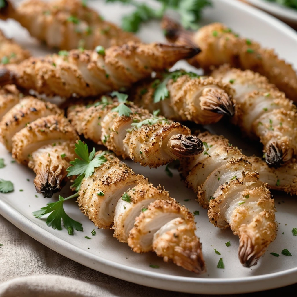 Golden brown chicken tenders on a platter, sprinkled with roasted garlic cloves and fresh parsley.