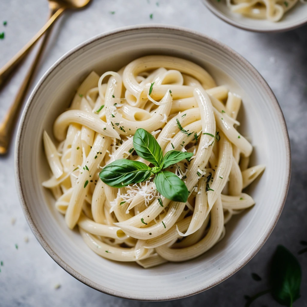 Golden alfredo sauce in a bowl with roasted garlic cloves and grated Parmesan cheese on top