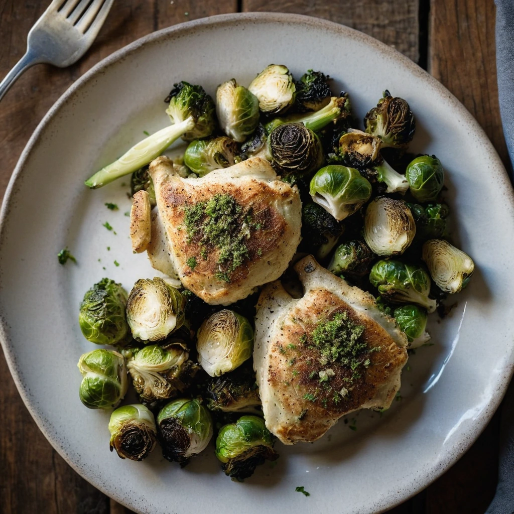 Chicken thighs and Brussels sprouts roasted to perfection with a golden parmesan crust on a rustic wooden board.
