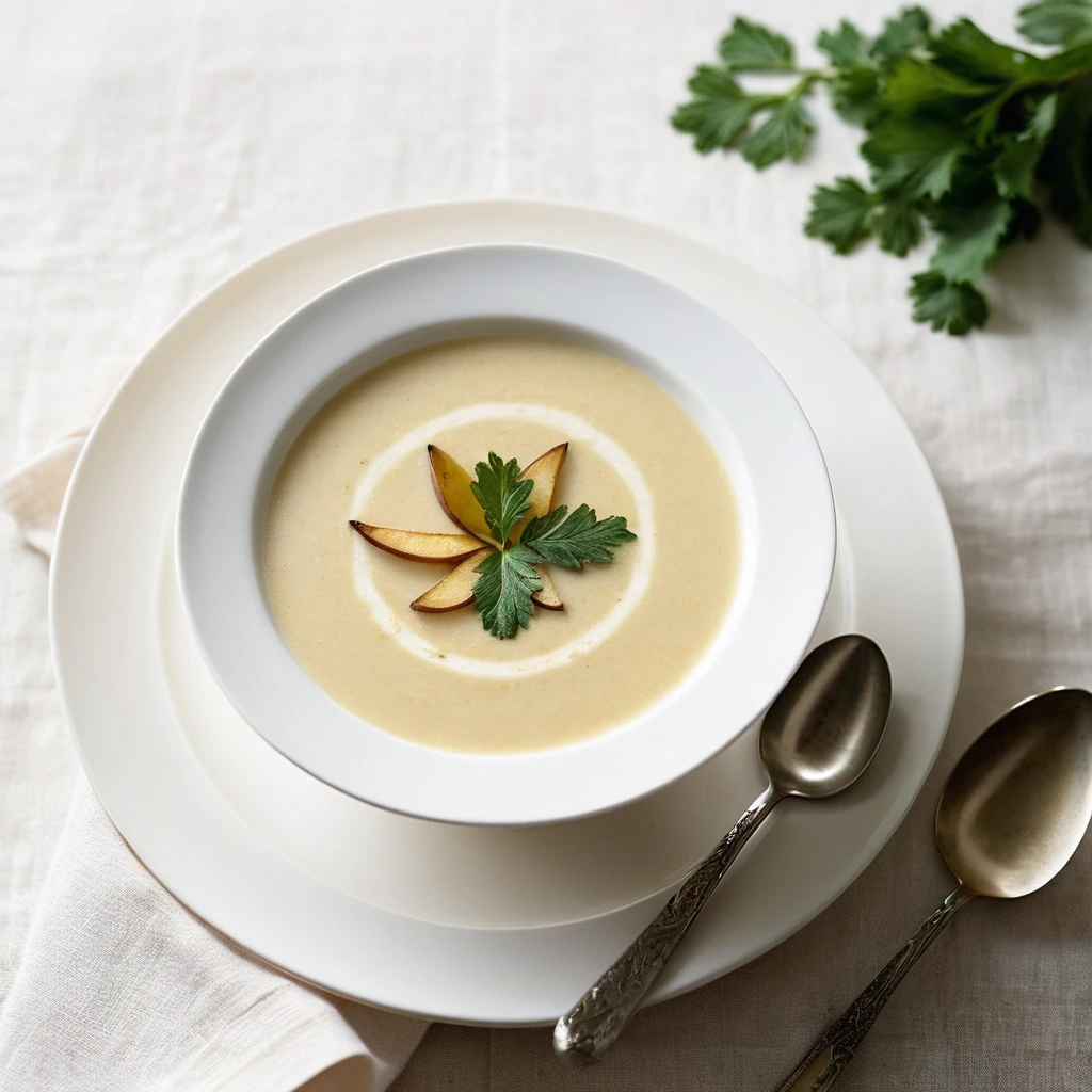 Creamy orange soup in a white bowl garnished with fresh parsley and pear slices.