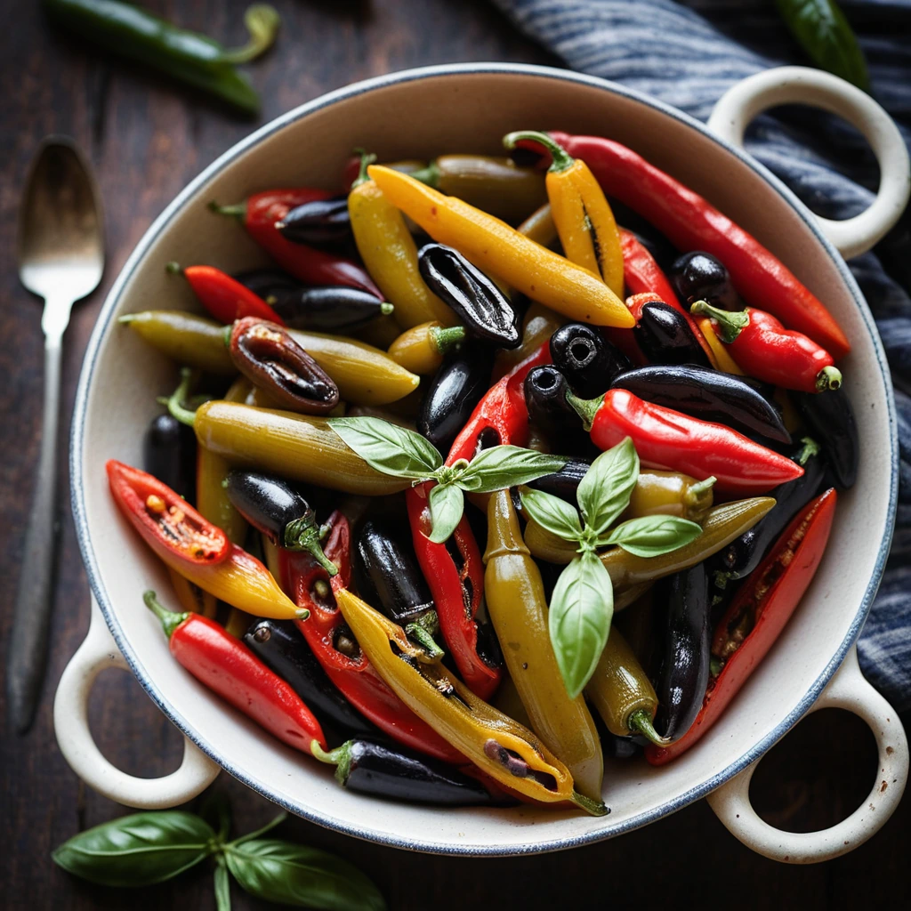 Penne pasta in a vibrant red sauce with roasted red peppers and black olives, served in a rustic bowl.