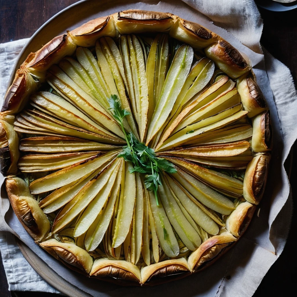 A rustic tart with golden crust, roasted potato slices, caramelized leeks, and melted Gruyère cheese on top.