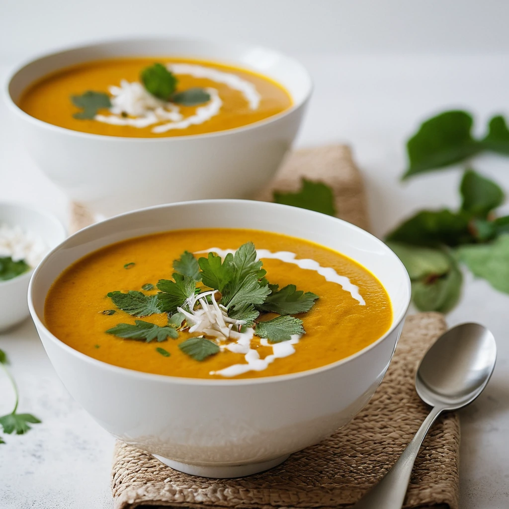 Golden soup in a white bowl garnished with fresh cilantro and a drizzle of coconut milk.