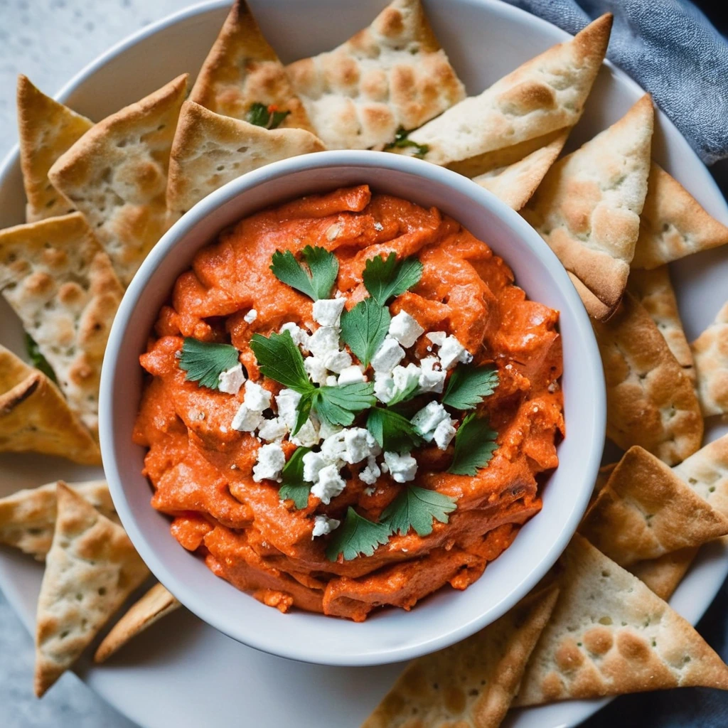 Vibrant orange dip in a bowl with crumbled white feta on top, surrounded by golden pita chips.