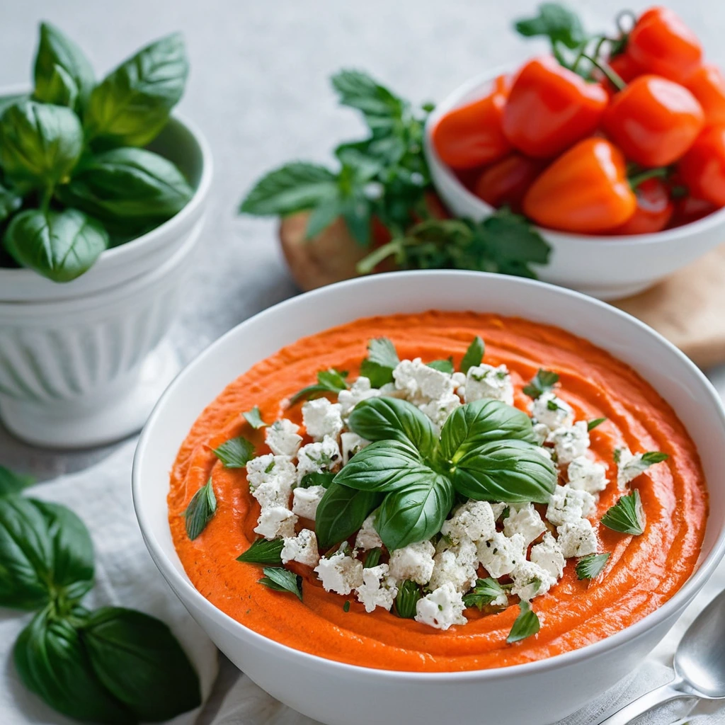 Bowl of vibrant orange and creamy white dip garnished with fresh herbs.