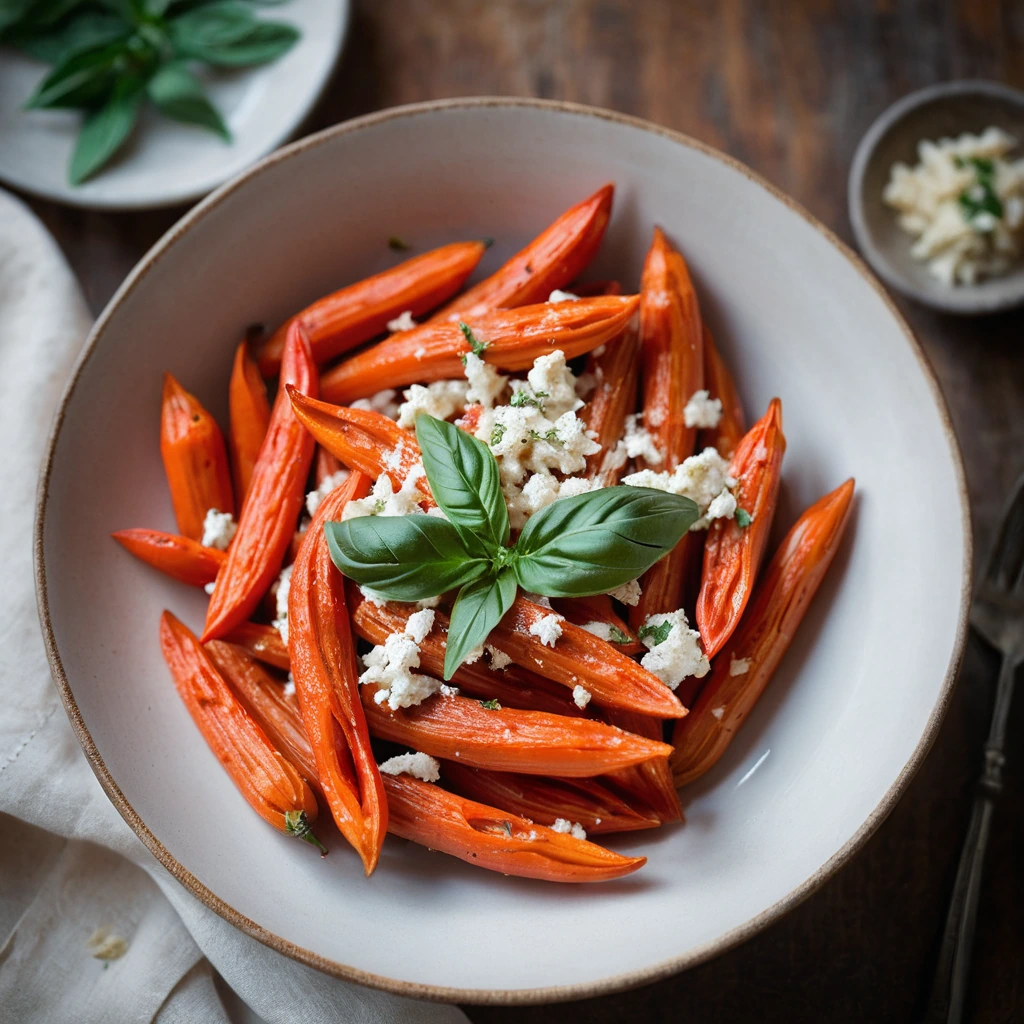 Penne pasta in a creamy sauce with roasted red peppers and crumbled goat cheese served in a rustic bowl.