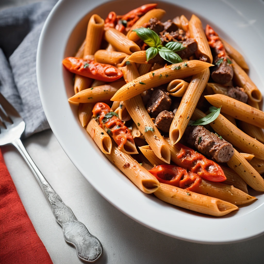 Penne pasta in a creamy orange sauce with roasted red peppers and Italian sausage slices.