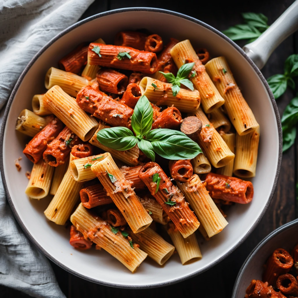 Bowl of golden rigatoni pasta in a vibrant red sauce with chunks of roasted red pepper and crumbled sausage on top.