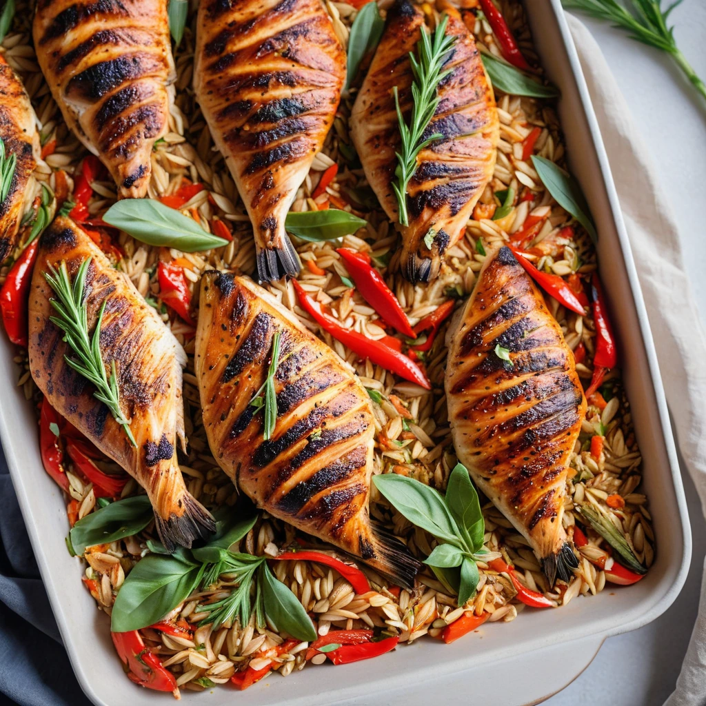 Golden orzo and succulent chicken pieces surrounded by roasted red pepper strips on a baking tray, sprinkled with fresh herbs.