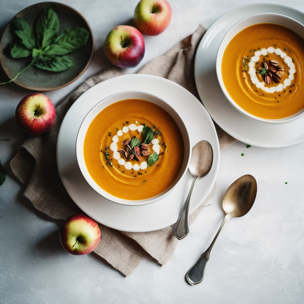 Creamy orange soup in a white bowl with a sprinkle of fresh thyme on top.