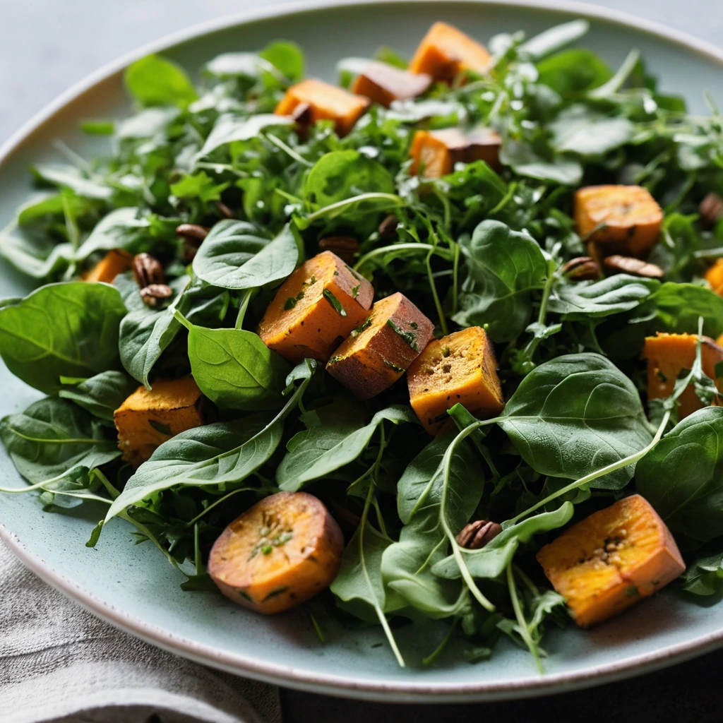 Vibrant green arugula piled high with golden roasted sweet potato cubes, drizzled with vinaigrette and sprinkled with toasted pecans.