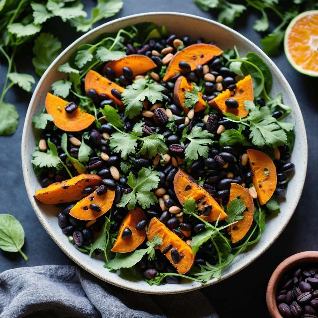 Colorful salad with roasted orange sweet potato cubes, black beans, and green cilantro over a bed of greens