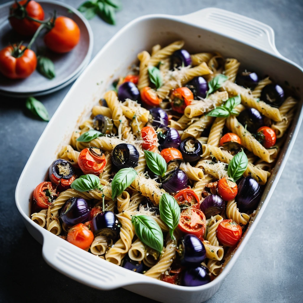 Golden bubbly pasta bake with roasted red and purple hues of tomatoes and eggplant, sprinkled with fresh basil.