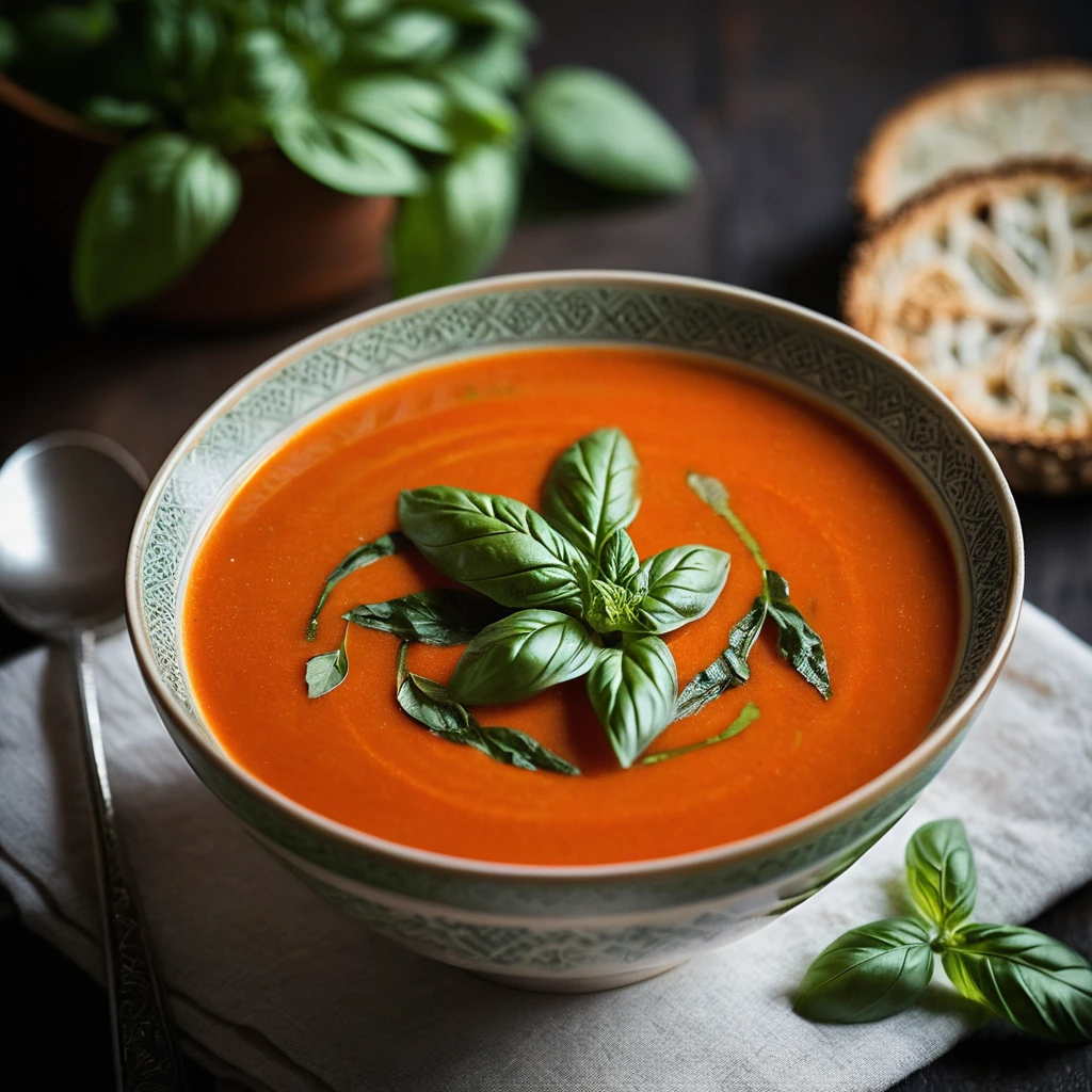 Creamy orange soup in a rustic bowl, garnished with vibrant green basil leaves.