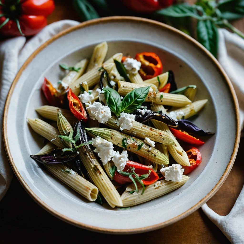 Penne pasta with roasted red peppers, zucchini, and goat cheese in a golden bowl.