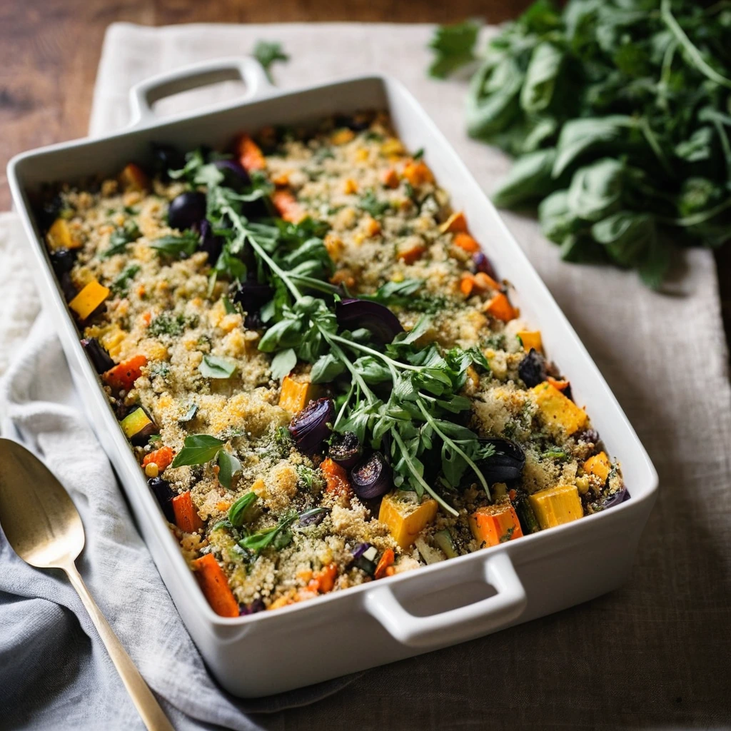 A rectangular casserole dish filled with roasted vegetables, quinoa, and melted cheddar cheese, sprinkled with fresh herbs.
