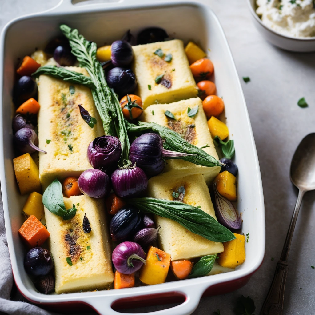 Golden casserole with roasted vegetables and ricotta on top in a baking dish