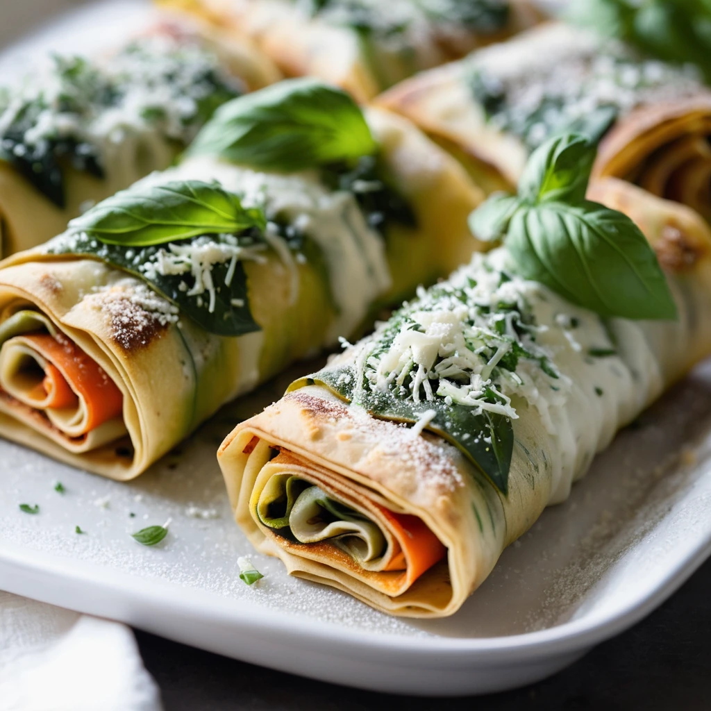 Golden lasagna roll-ups arranged on a baking sheet, topped with melted mozzarella and a sprinkle of fresh basil.