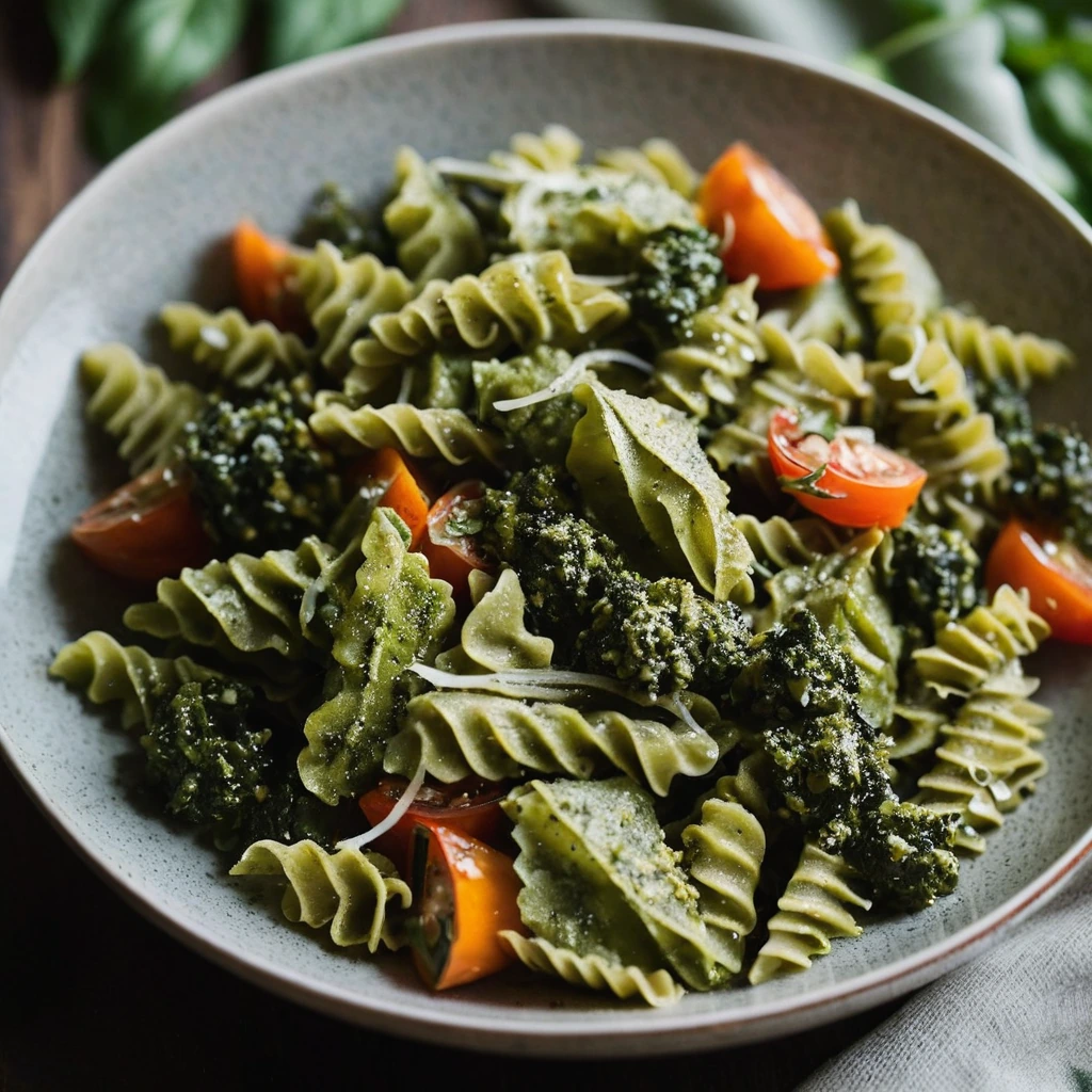 Colorful roasted vegetables and green pesto sauce coating bow-tie pasta in a rustic bowl with fresh basil leaves scattered on top.