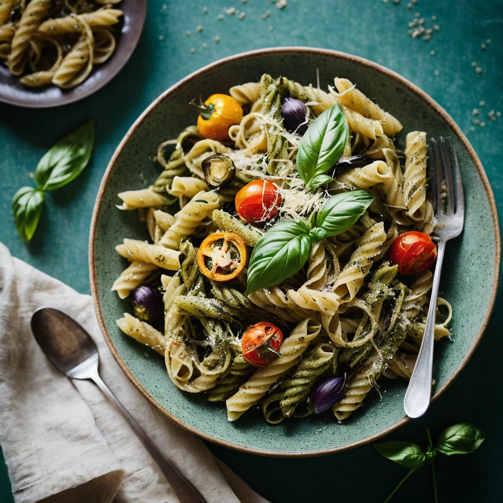 Colorful roasted vegetables atop a bed of green pesto-tossed pasta, garnished with grated Parmesan and fresh basil leaves.