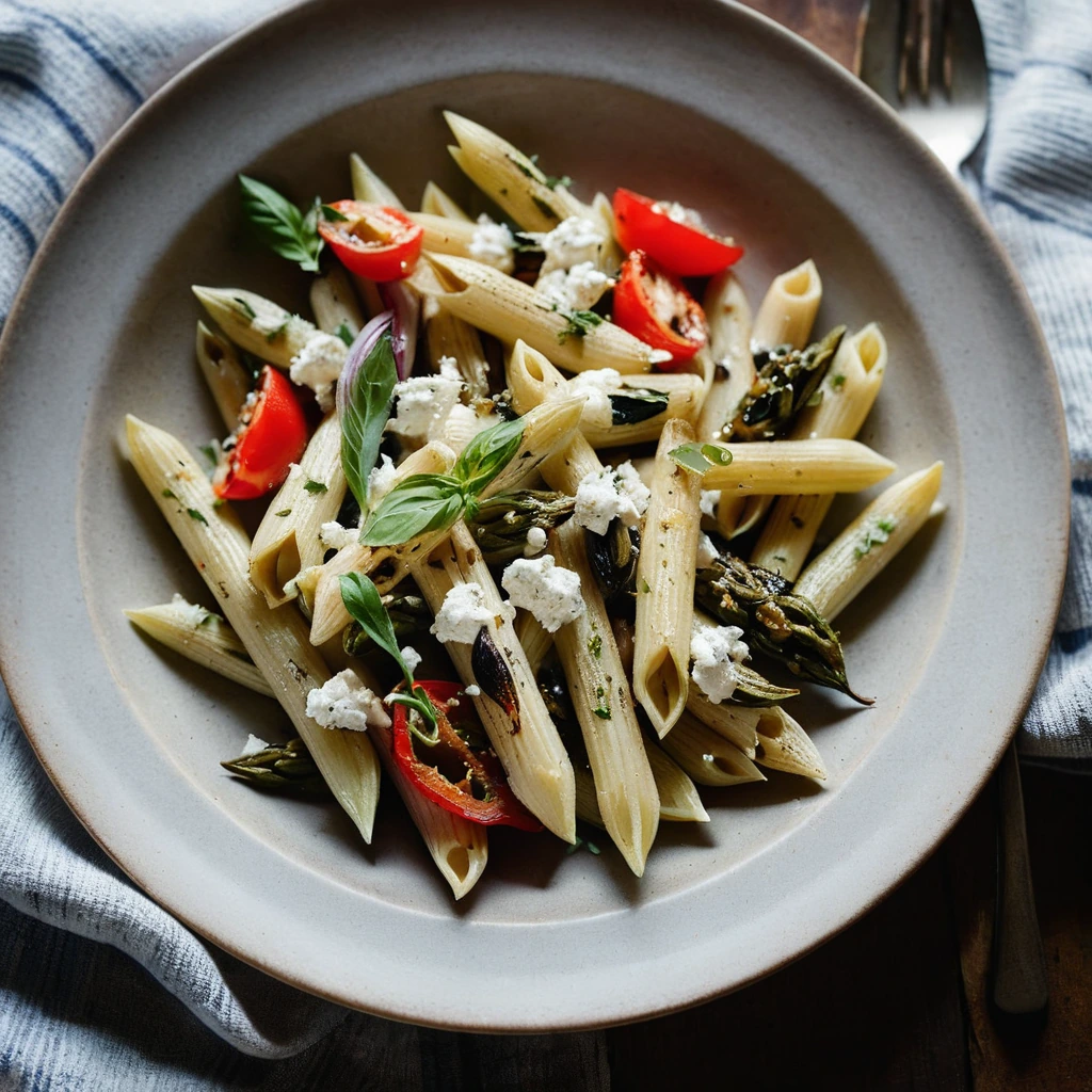 Penne pasta in a creamy sauce with roasted red peppers, zucchini, and goat cheese on a rustic plate.