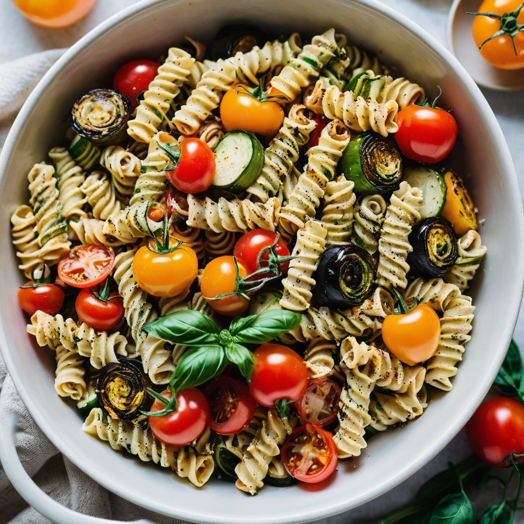 Golden rotini pasta with creamy baked feta, roasted red peppers, zucchini, and cherry tomatoes in a baking dish.