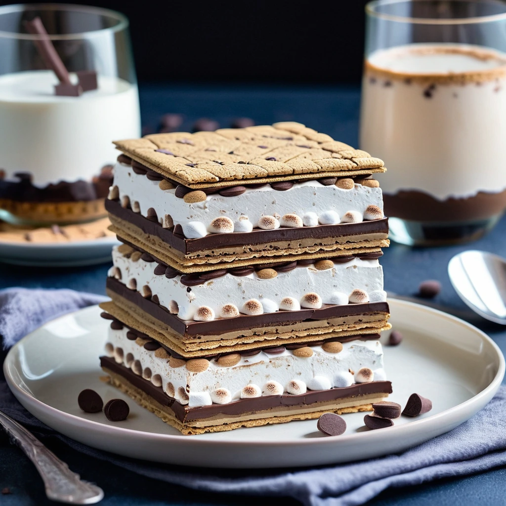 Stacked layers of graham crackers with chocolate pudding and marshmallow cream in a glass dish, sprinkled with chocolate chips.