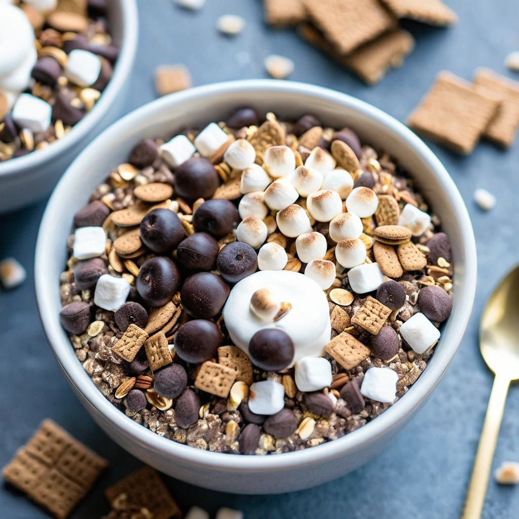 A bowl of chocolatey overnight oats topped with golden marshmallows and sprinkled with graham cracker crumbs.