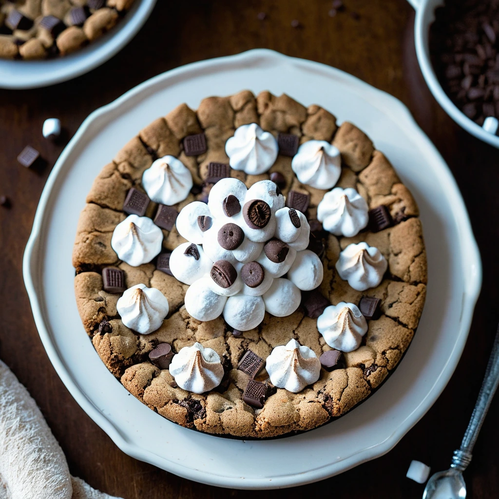 Golden brown skillet cookie with melted marshmallows and chocolate chunks, sprinkled with graham cracker crumbs.