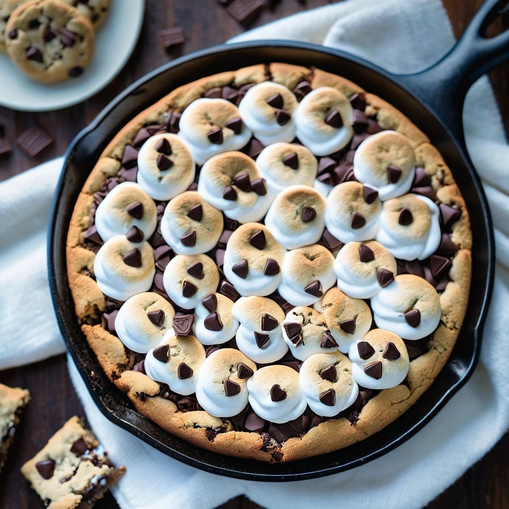 A golden brown skillet cookie with melted marshmallows and chocolate chunks visible.