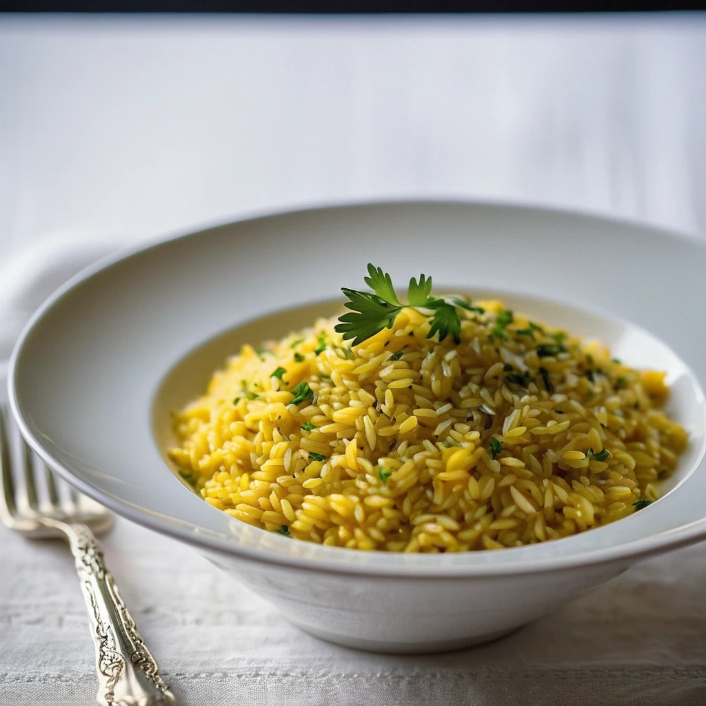 Creamy golden risotto in a shallow white bowl, dusted with fresh parsley.