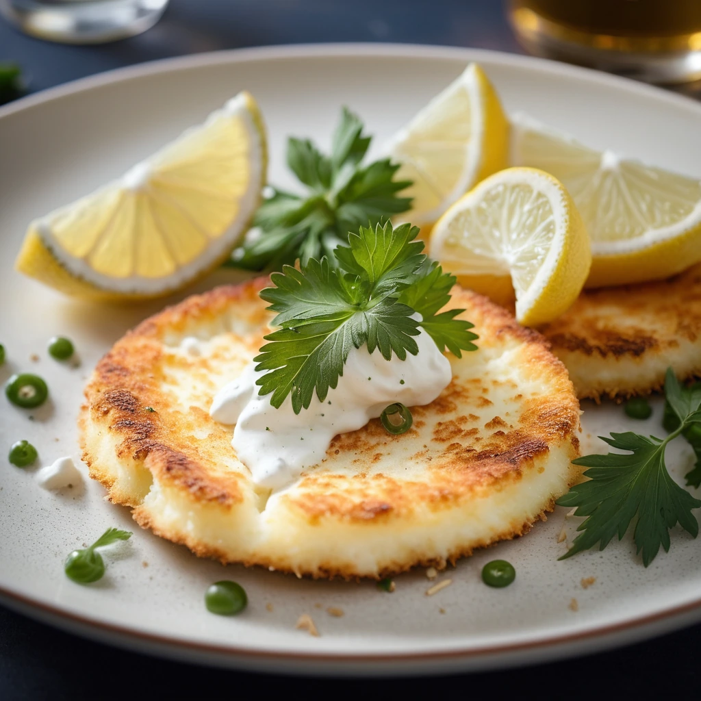 A sizzling plate of golden fried cheese with a bubbly center, garnished with fresh parsley and lemon wedges.