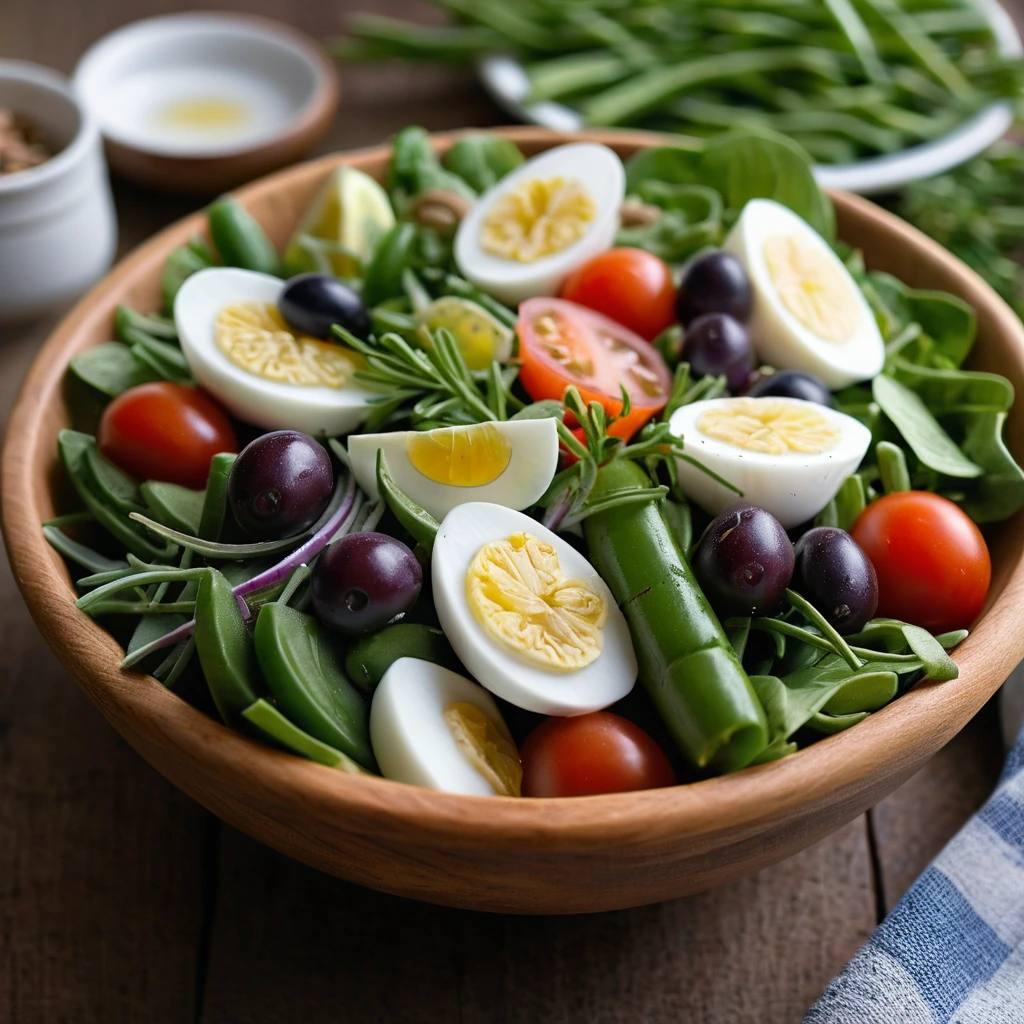 Colorful salad in a rustic wooden bowl with green beans, tomatoes, hard-boiled eggs, and tuna.