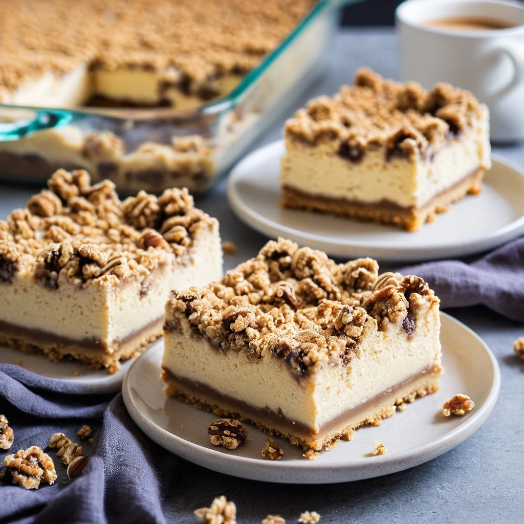 Golden brown crumble topping over creamy caramel-infused cheesecake bars in a square baking dish.