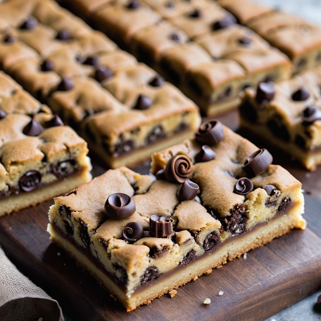 Golden cookie bars with melted chocolate chips and swirls of caramel, dusted with sea salt on a rustic wooden board.