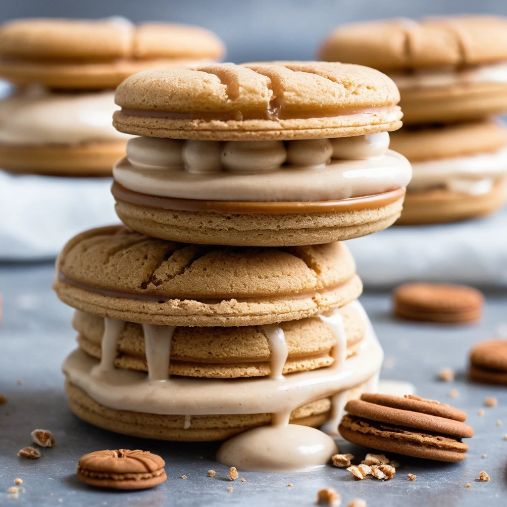 Two golden churro cookies sandwiching a scoop of vanilla ice cream, drizzled with amber salted caramel.