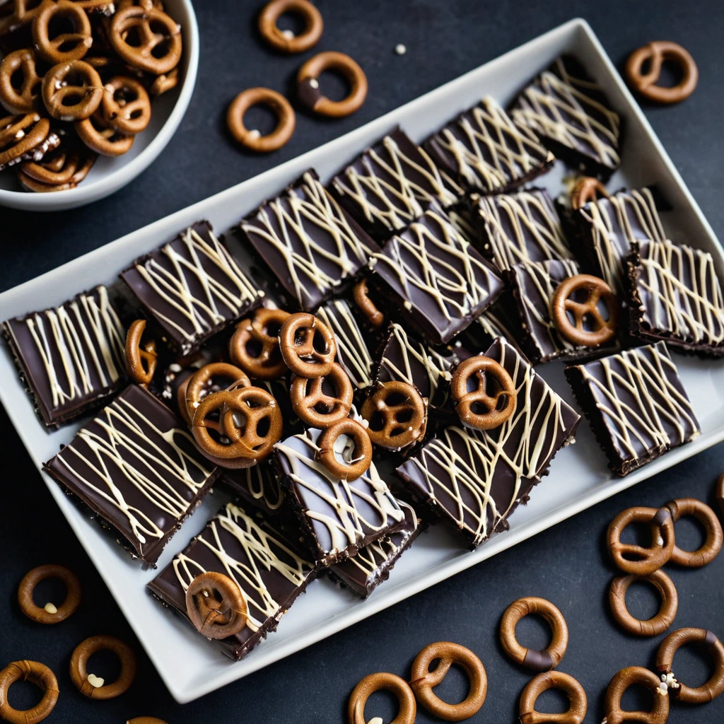 Dark chocolate bark sprinkled with golden pretzels and drizzled with amber caramel