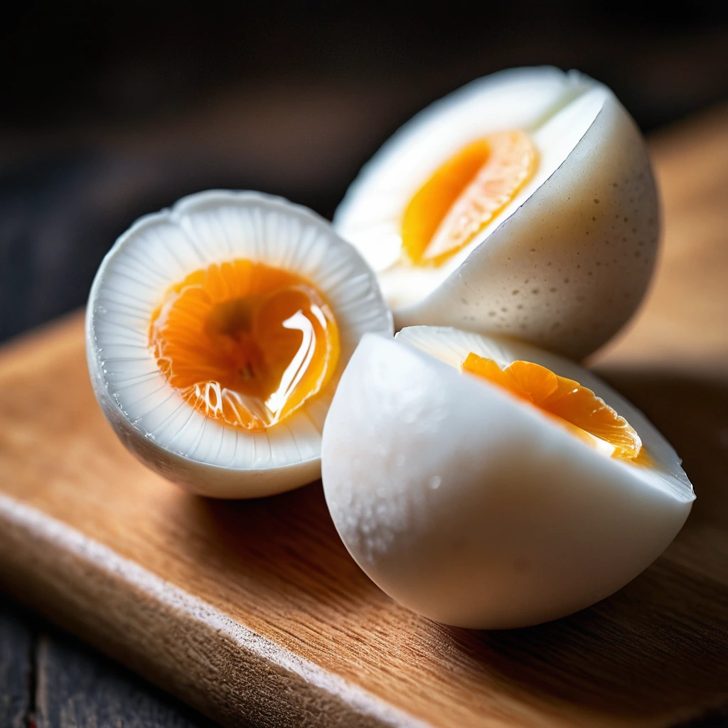 Two golden salted duck eggs resting on a rustic wooden board, cut in half to reveal their rich, orange yolks.