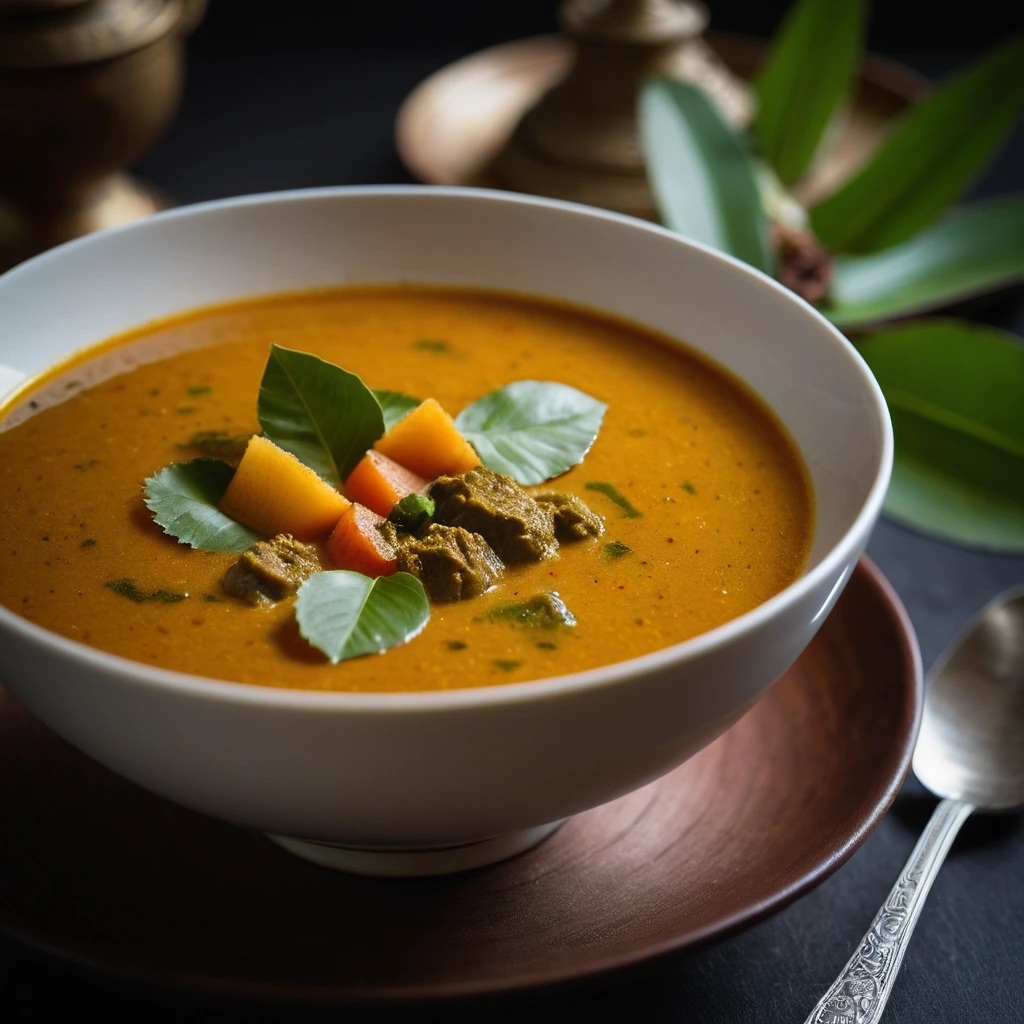 A steaming bowl of golden-orange sambar with tamarind tang and coconut garnish.