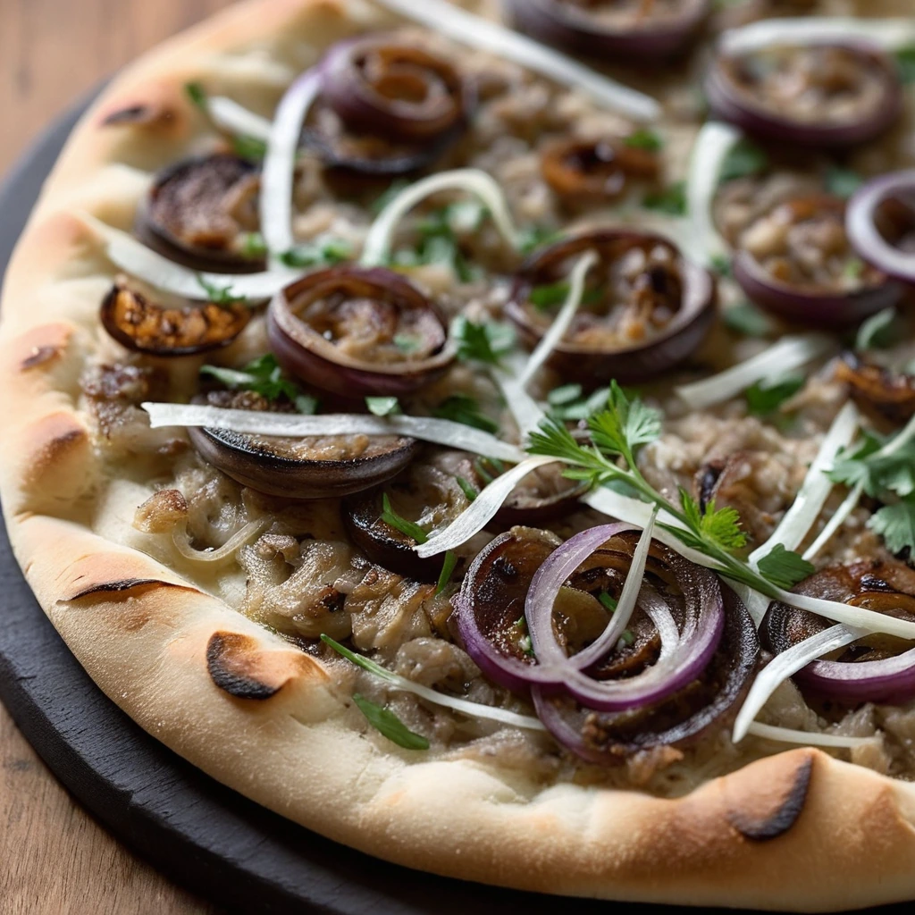 Flatbread pizzas topped with browned sausage and golden caramelized onions, sprinkled with fresh herbs.