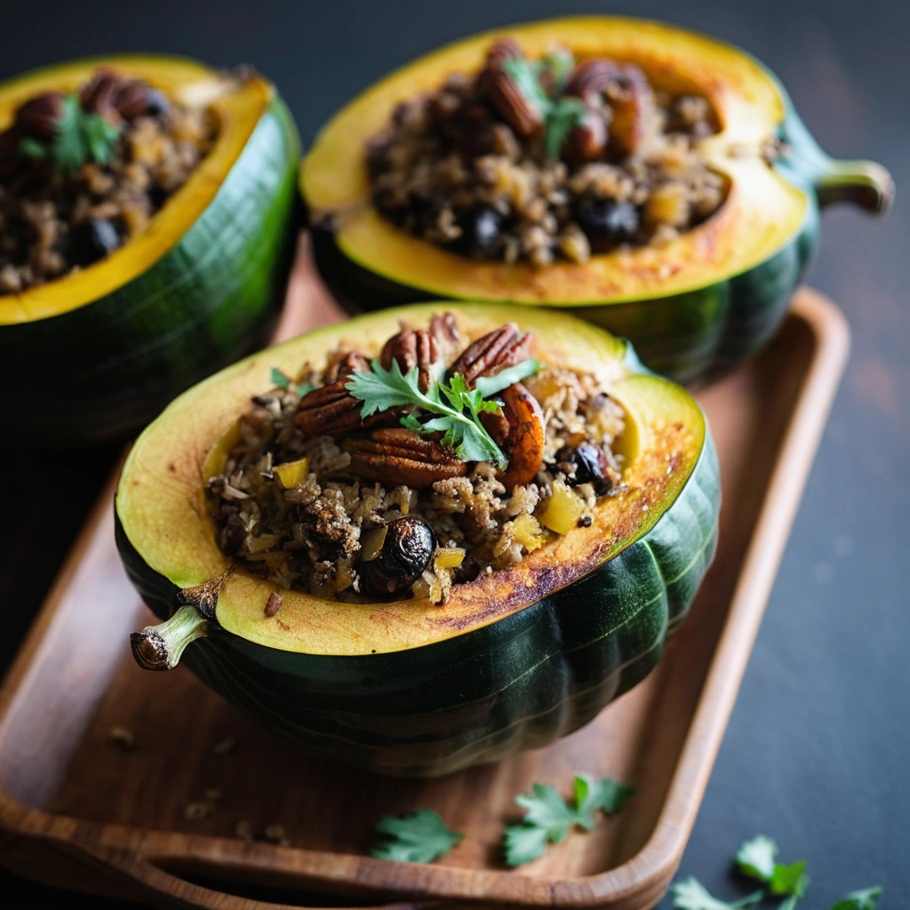 Two halves of roasted acorn squash filled with browned sausage and golden caramelized onions, dusted with fresh herbs.