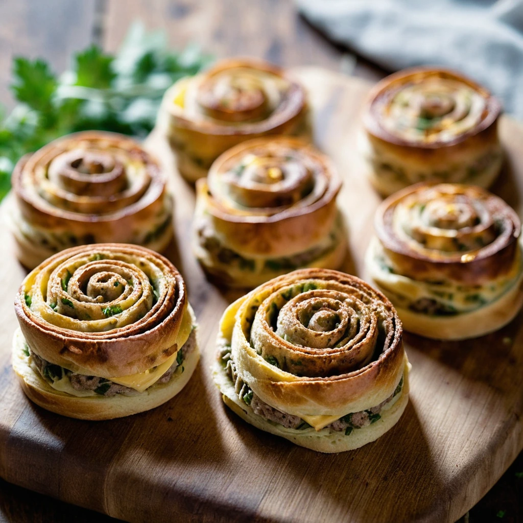 Golden pinwheels with flecks of green parsley, arranged on a rustic wooden board.