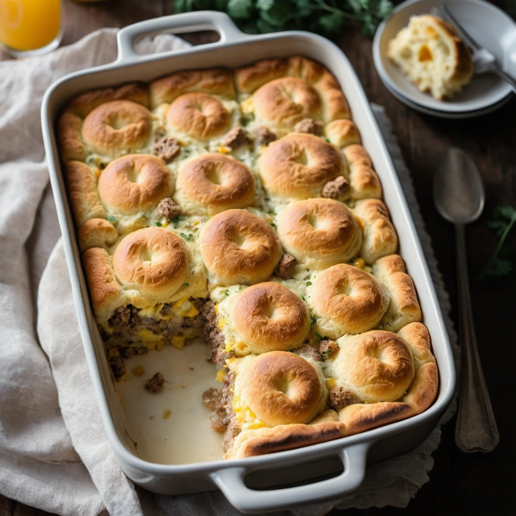 Golden casserole with flaky biscuit layers, sausage crumbles, and fluffy eggs in a baking dish.